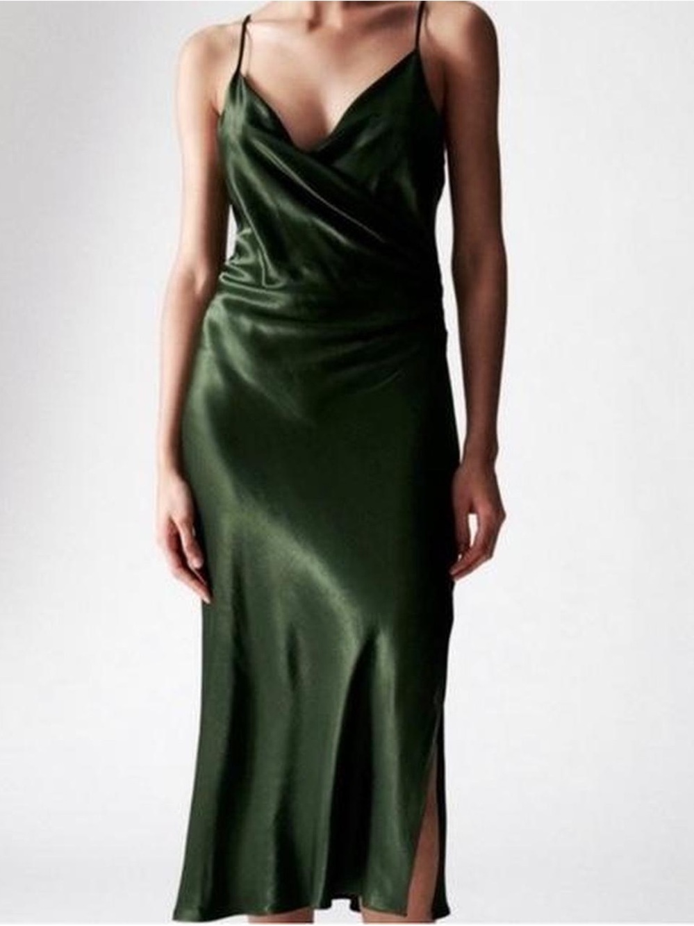 Zara Satin Slip Midi Dress in Forest Green